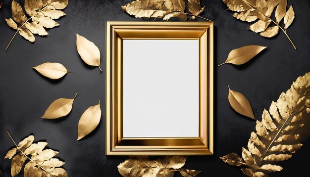 Photo photo golden frame with beautiful black and golden leaves background