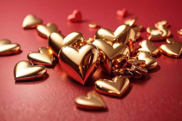 photo golden hearts on a red background