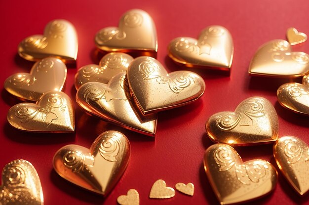 photo golden hearts on a red background