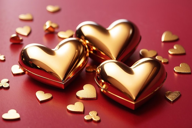 photo golden hearts on a red background