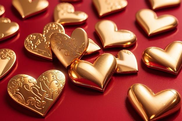 photo golden hearts on a red background