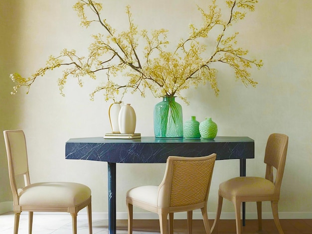 Photo of golden lines on green wallpaper a table a chair and a vase generated by AI