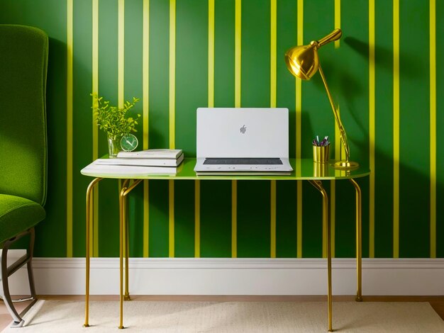 Photo of golden lines on green wallpaper a table a chair and a vase generated by AI