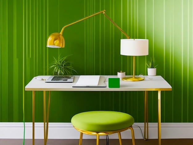 Photo of golden lines on green wallpaper a table a chair and a vase generated by AI