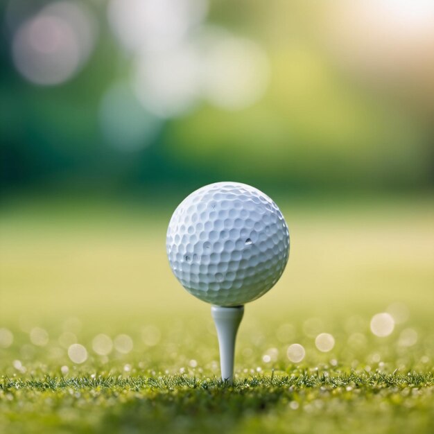 photo of a golf ball on a tee with a blurred green bokeh background Perfect for use in social media