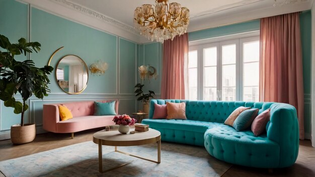 a photo of a gorgeous modern colorful soft interior with a turquoise puffy sofa