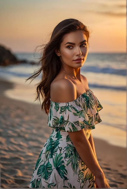 Photo of a gorgeous young woman posing on a tropical beach at sunset