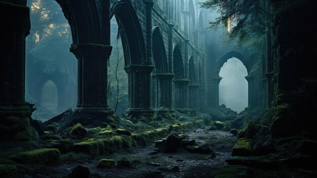 Photo a photo of a gothic abbey with cloistered courtyard misty forest backdrop