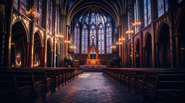 A photo of a gothic cathedral with stained glass windows dim interior lighting