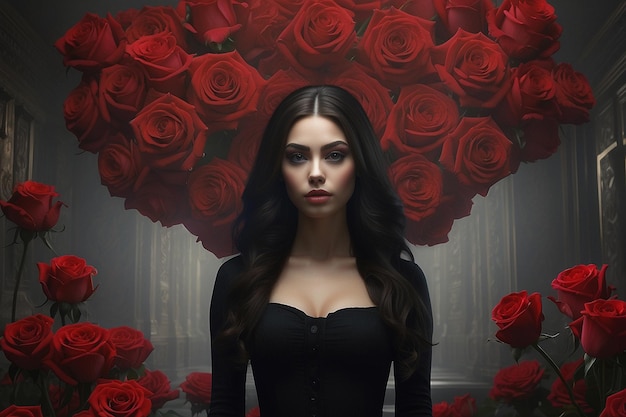 photo of a gothic style woman with black dress surrounded by roses