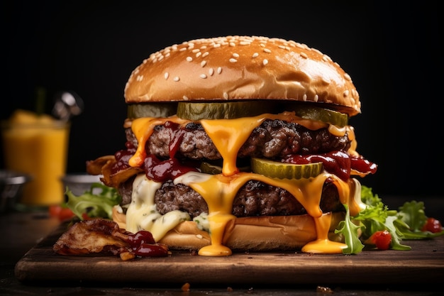 Photo of a gourmet burger with perfectly melted cheese and toppings Generative AI