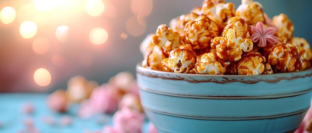 Фото Gourmet Caramel Popcorn с шоколадным брызганием и съедобной рекламой F Banner Design Layout Art