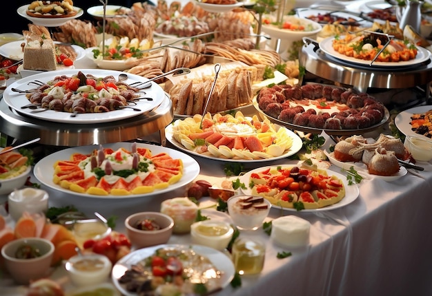 Photo of gourmet food catering table white yummy dish catering