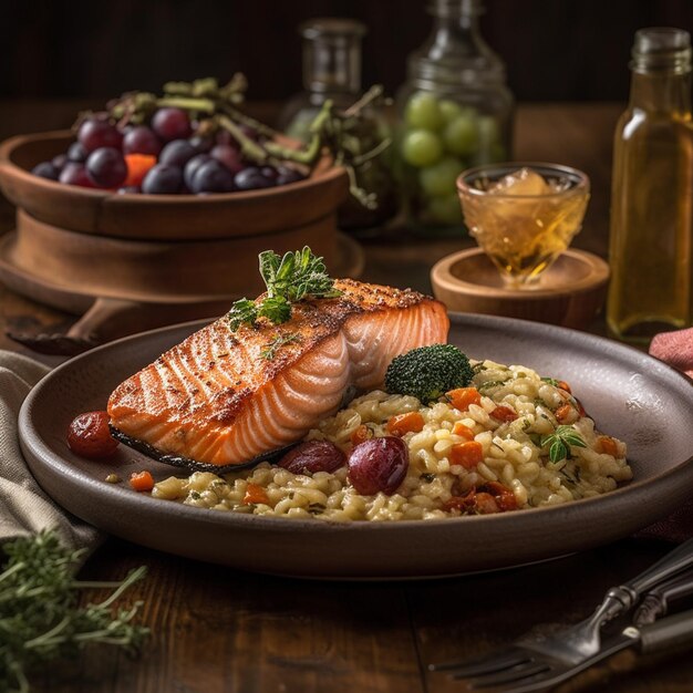 Photo of gourmet food on a table in a restaurant Realistic photo