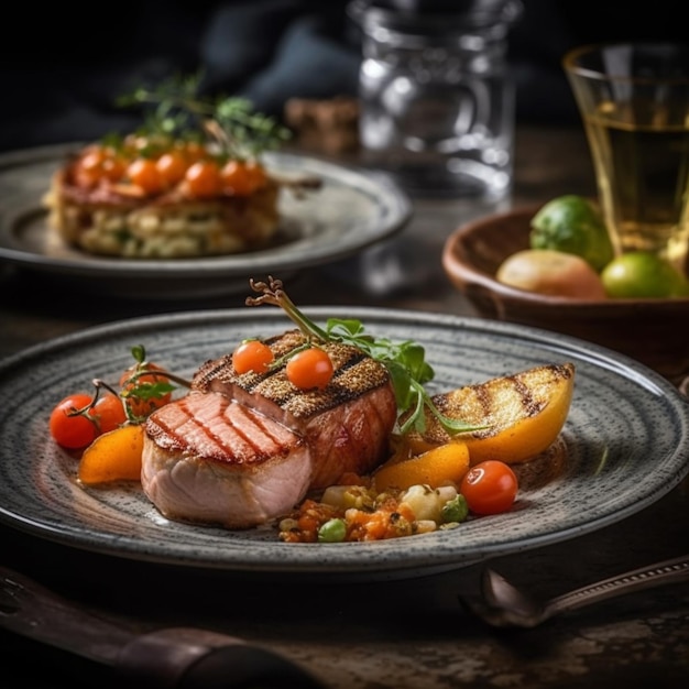 Photo of gourmet food on a table in a restaurant Realistic photo