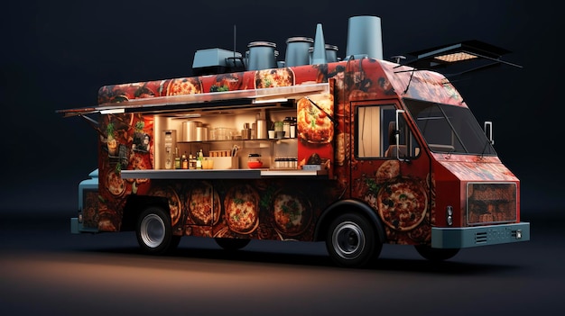 A photo of a gourmet pizza truck with artisanal topping