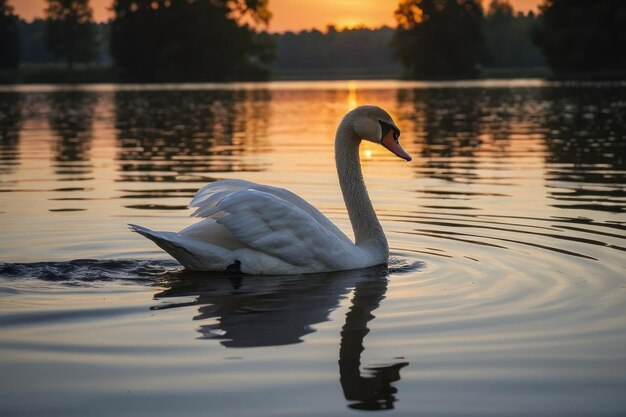 Photo of a graceful swan on a calm lake at sunset