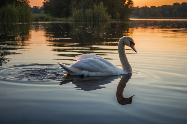 Photo of a graceful swan on a calm lake at sunset