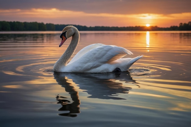 Photo of a graceful swan on a calm lake at sunset