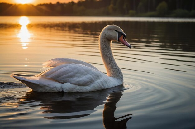 Photo of a graceful swan on a calm lake at sunset