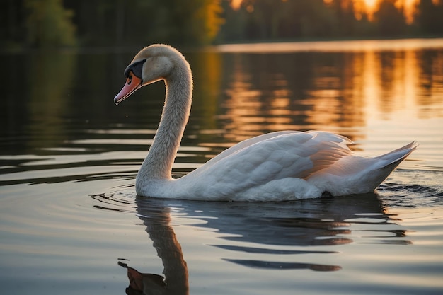 Photo of a graceful swan on a calm lake at sunset