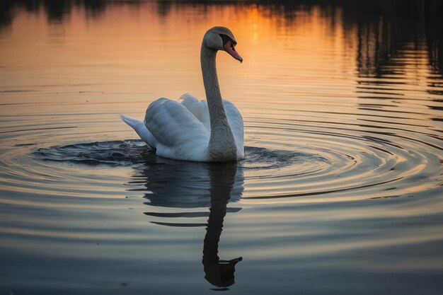 Photo of a graceful swan on a calm lake at sunset