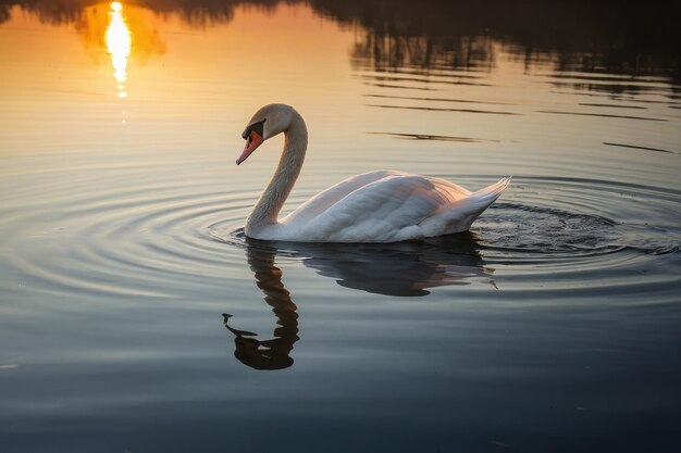 Photo of a graceful swan on a calm lake at sunset