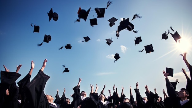 Photo of graduates student graduation caps thrown in the sky