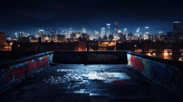 Photo a photo of a graffiticovered rooftop urban cityscape backdrop