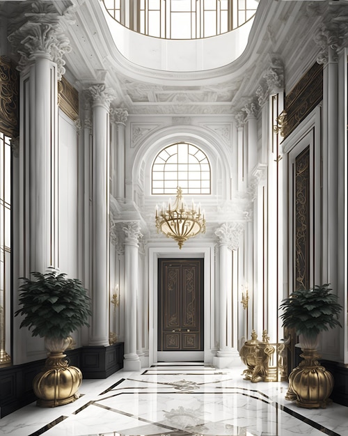 Photo of a grand and opulent foyer with a dazzling chandelier and gleaming marble floors