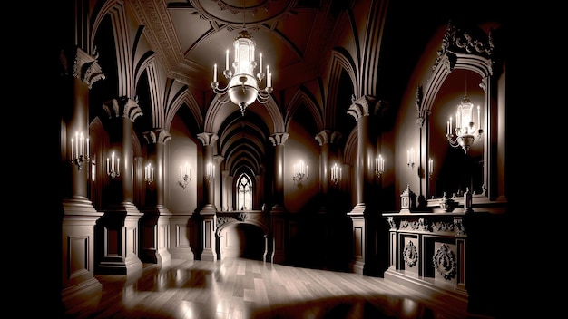 Photo of a grand room with a magnificent chandelier hanging from the ceiling