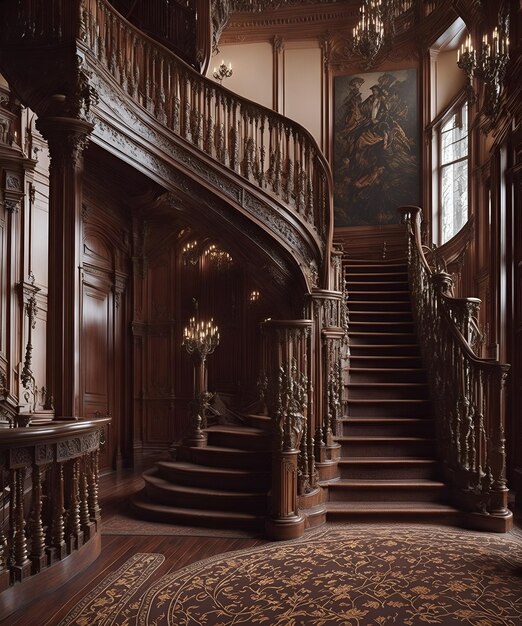 Photo of a grand wooden staircase illuminated by a chandelier