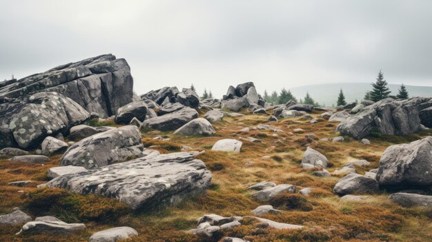 A photo of a granite boulder field soft overcast sky