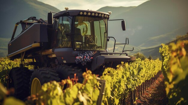 A photo of a grape harvester in a vineyard