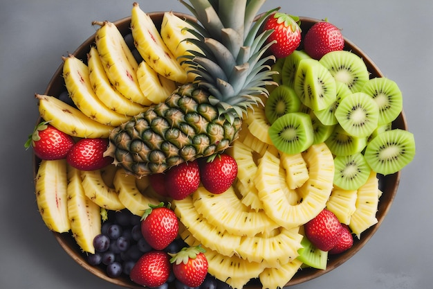 photo grapes strawberries pineapple kiwi apricot banana and whole pineapple