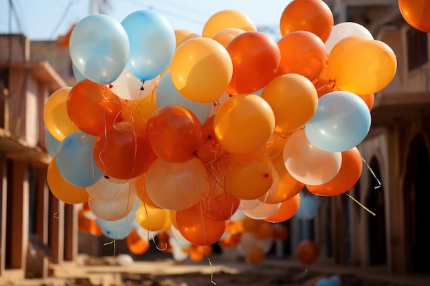 A photo graph of colorful balloons in the sky with old cityscape Blue sky