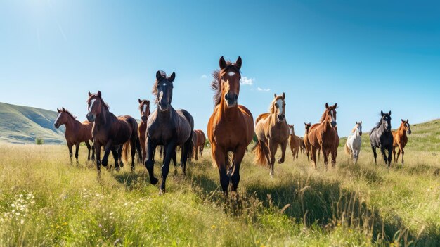 A photo of a grassland with a cluster of wild horses clear blue sky