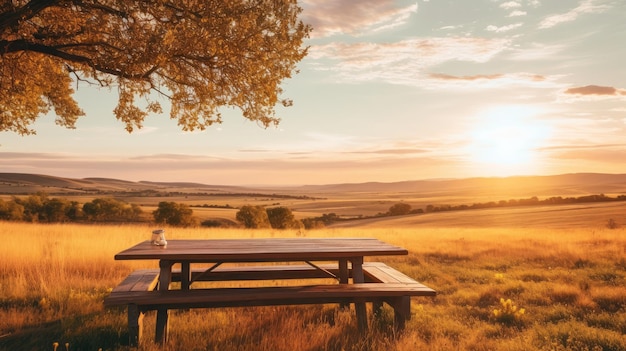 A photo of a grassland with a wooden picnic table golden hour sunlight