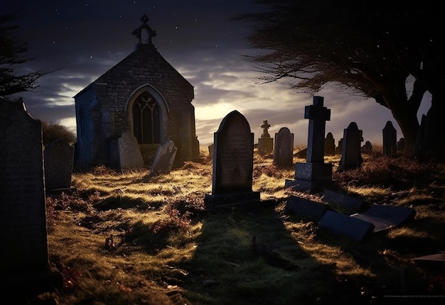 Photo of graveyard cemetery spooky and gravestones at the mid night with darkness