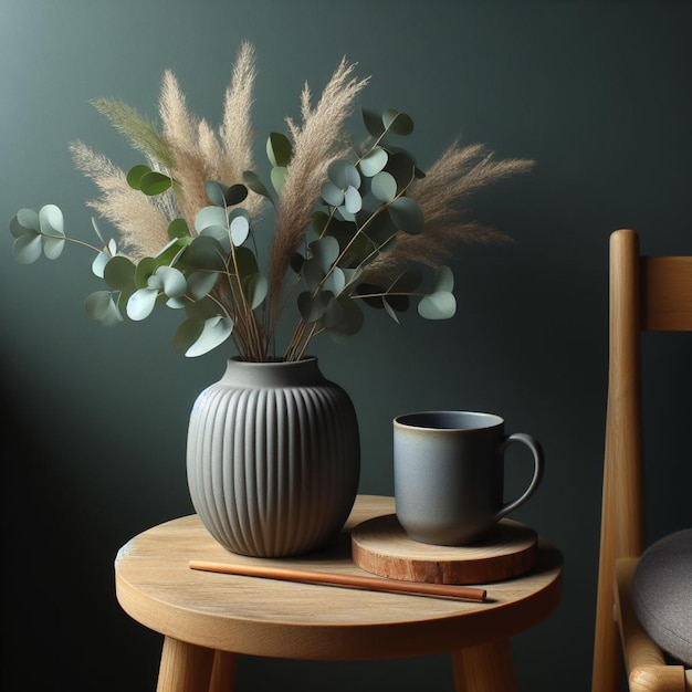 Photo gray ceramic vase with a mug on a wooden stool next to a forest green wall