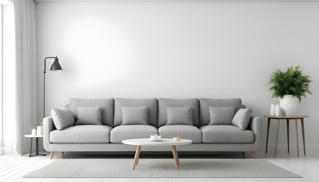 photo gray sofa in white living room interior with copy space 3d rendering