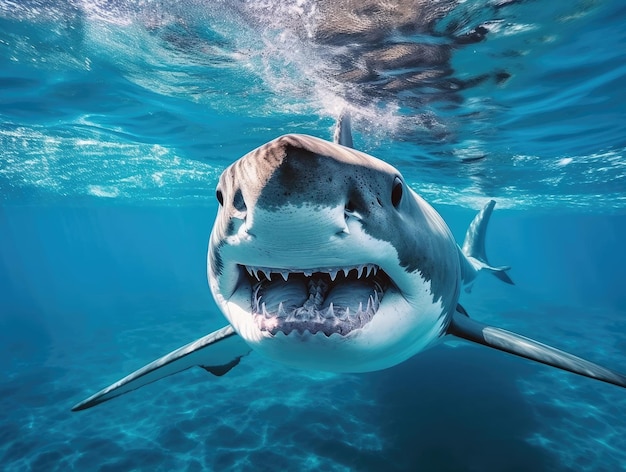 Фотография большой акулы в голубой воде, смотрящей в камеру
