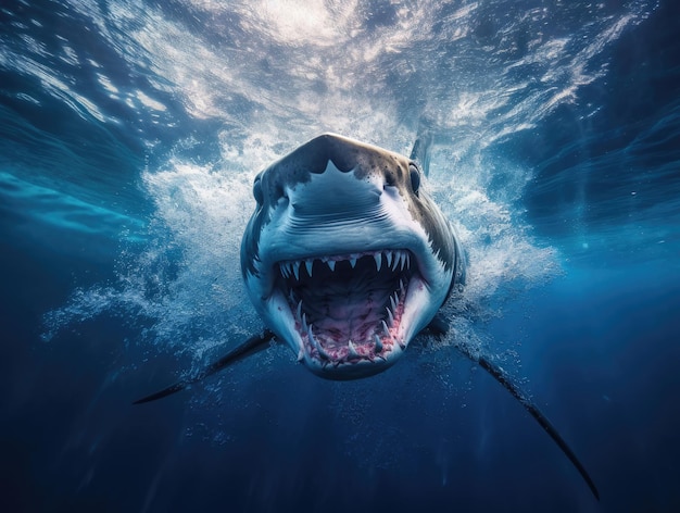 Photo of a great shark in blue water looking into the camera