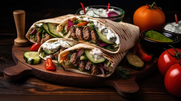 Photo of Greek gyros wrapped in pita bread with vegetables and sauce on a dark wooden background generated by AI