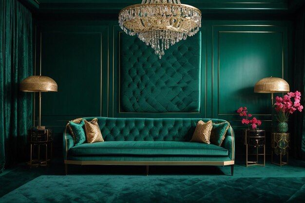 Photo green armchair in a dark room home interior apartment ai generate