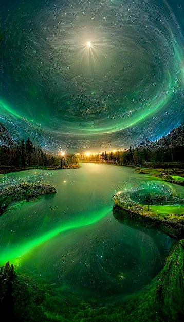 A photo of a green aurora over a lake