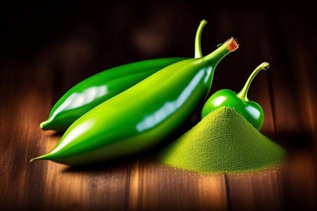 A photo of green beans and a pile of green beans on a wooden table.