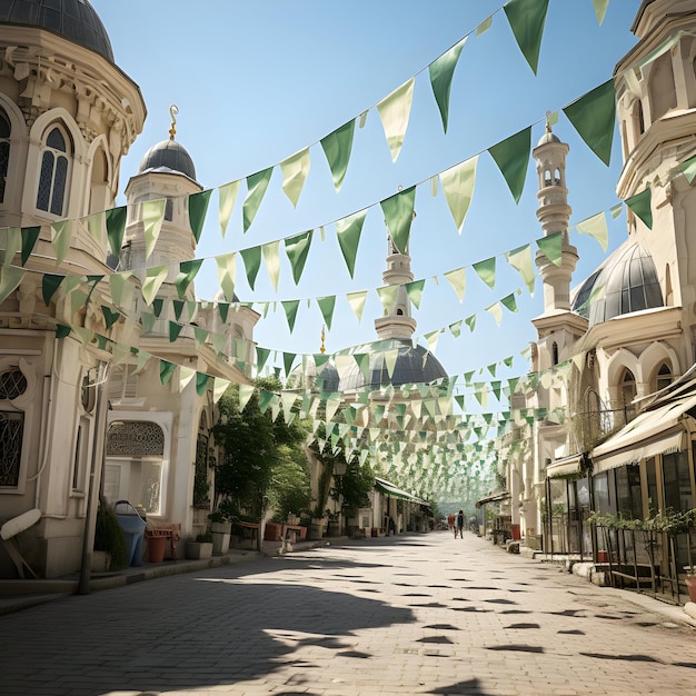 Photo Green Bunting Flags in Streets for Eid Milad un Nabi islamic celebration generative ai