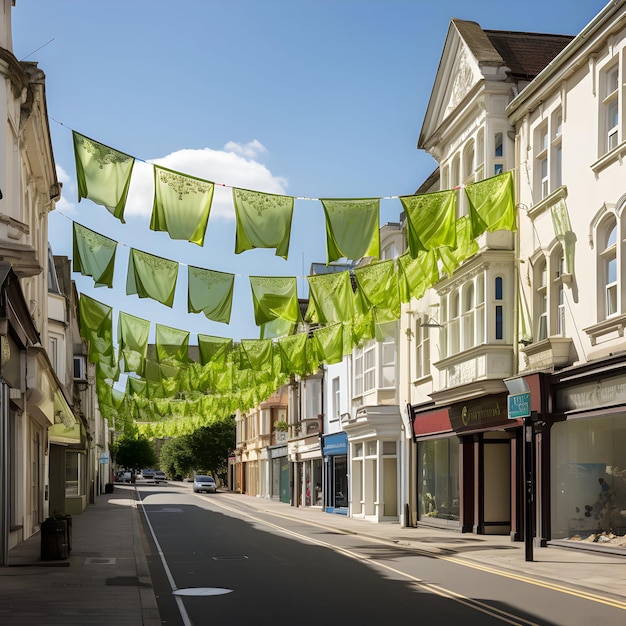 Photo Green Bunting Flags in Streets for12 Rabi Ul Awal islamic celebration generative ai