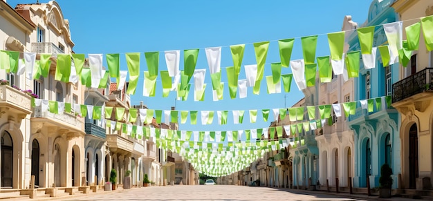 Зелёные флаги на улицах для 12 Раби-ул-Авала, исламского празднования.